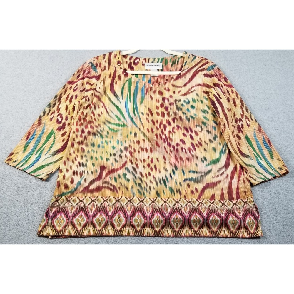 Alfred Dunner Top Women's Medium Geo Animal Print 3/4 Sleeve Stretch See Through